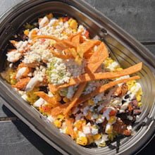 Loaded Bowl (GF) Rice, Black Beans, Queso Fresco, Poblano-Corn Salad, Guacamole, Sour Cream, and Crispy Tortilla Strips with Choice of Protein: Grilled Chicken, Jerk Chicken. Shredded Pork Barbacoa, or Tofu Curls with Carne Asada, or Al Pastor Shrimp $15