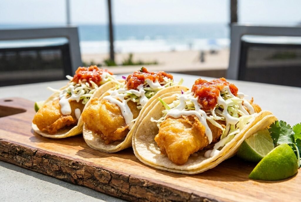 Baja style fish tacos with cabbage slaw and crema by the beach