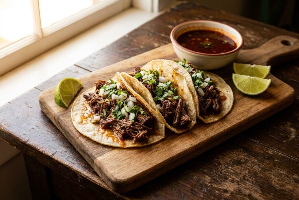 Slow-cooked barbacoa beef tacos on corn tortillas with onion, cilantro, lime, and consome