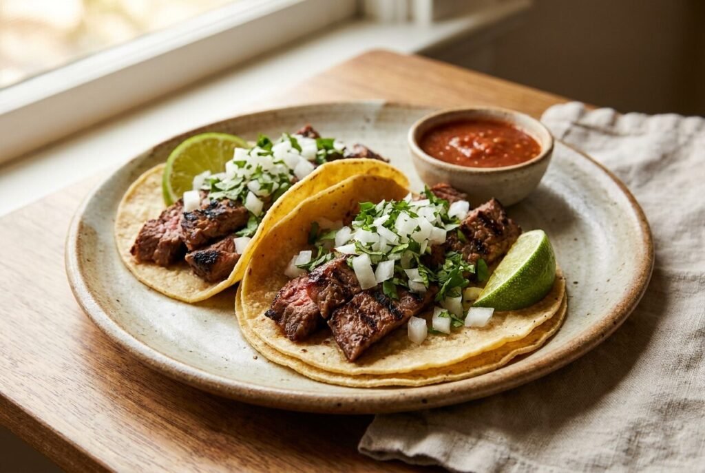 Carne asada tacos topped with onion, cilantro and lime