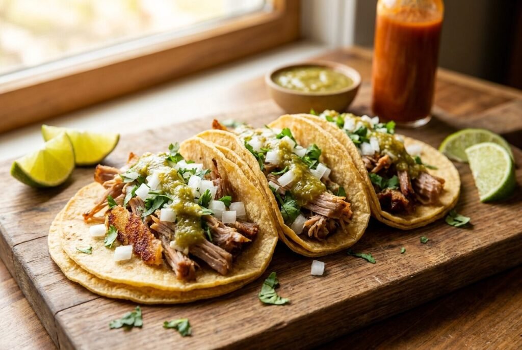 Carnitas tacos with crispy pork, onion, cilantro and salsa verde