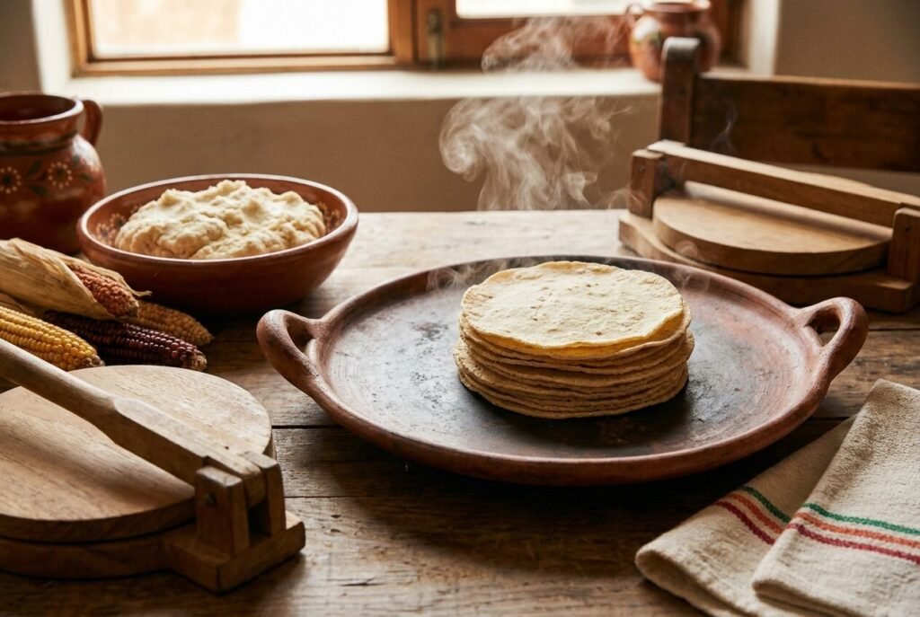 Fresh handmade corn tortillas on a clay comal with masa and maize