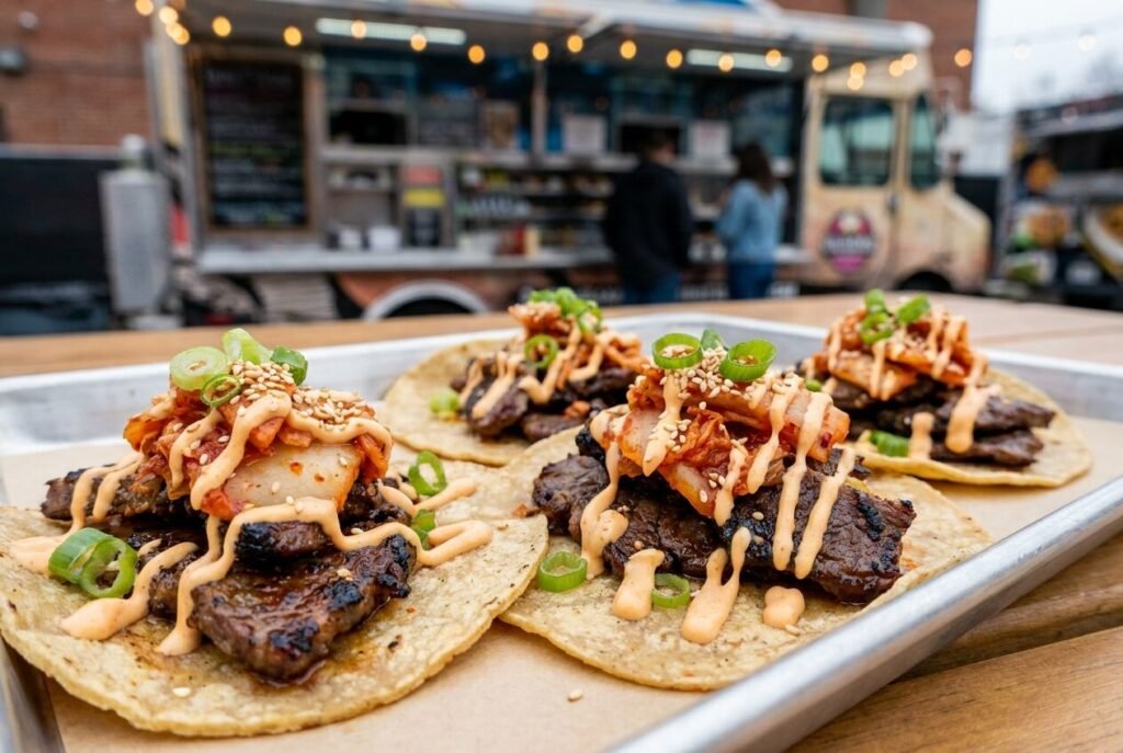 Korean-Mexican fusion tacos with bulgogi, kimchi and sesame