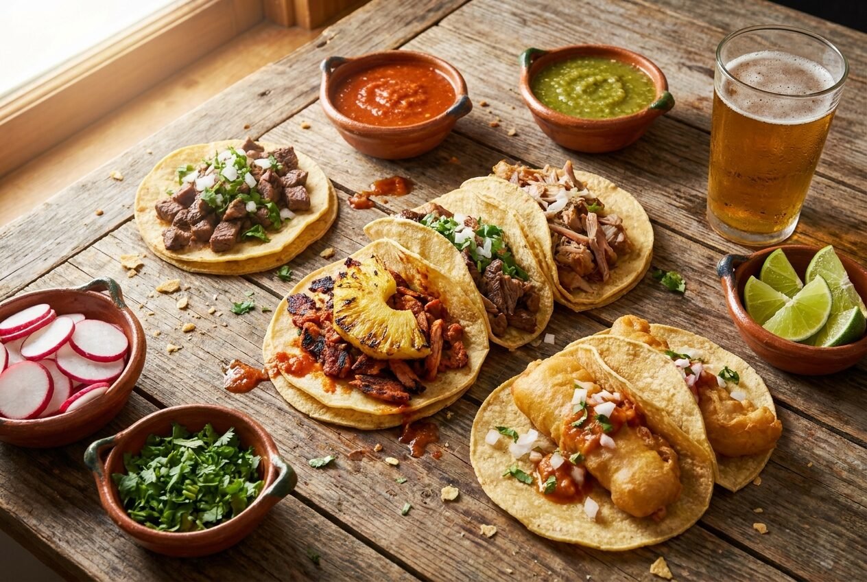 Assorted Mexican street tacos with salsas, lime and beer