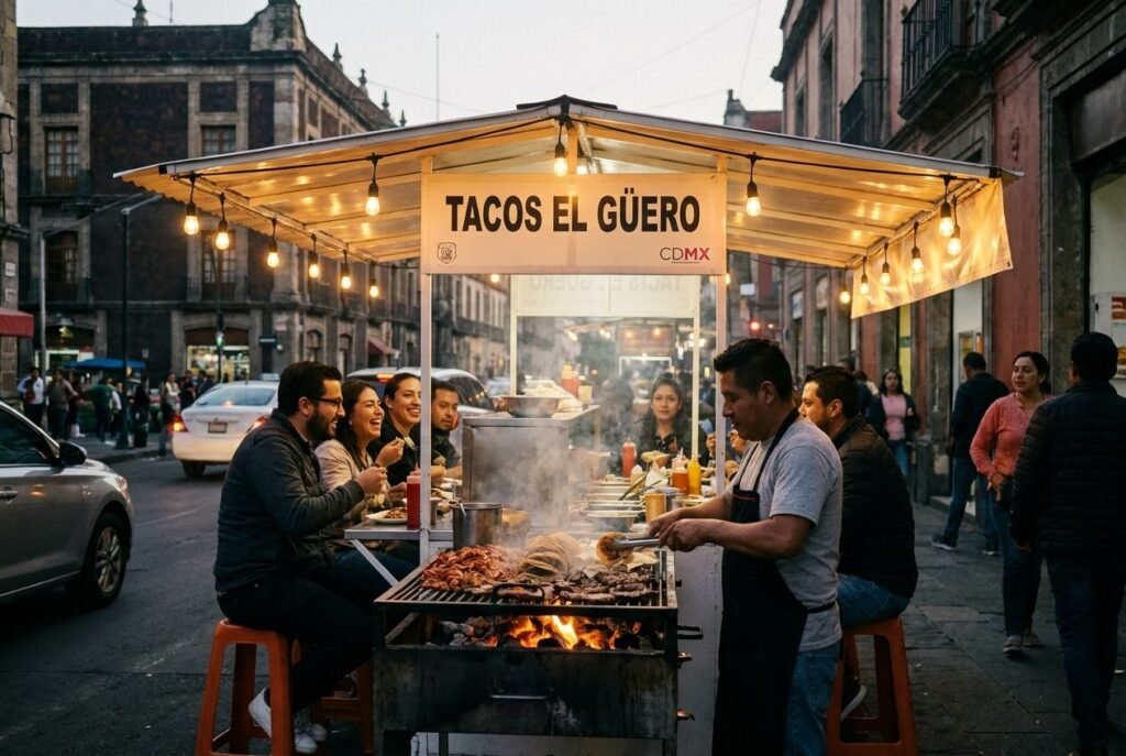 Lively Mexican street taqueria stand grilling tacos at dusk