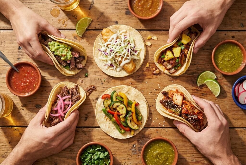 Overhead spread of six different taco styles with salsas and lime as hands reach in to share