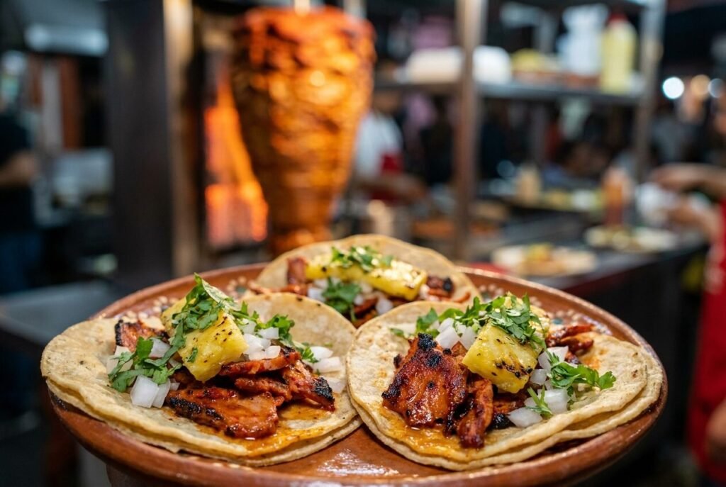 Tacos al pastor with grilled pineapple and a trompo spit behind