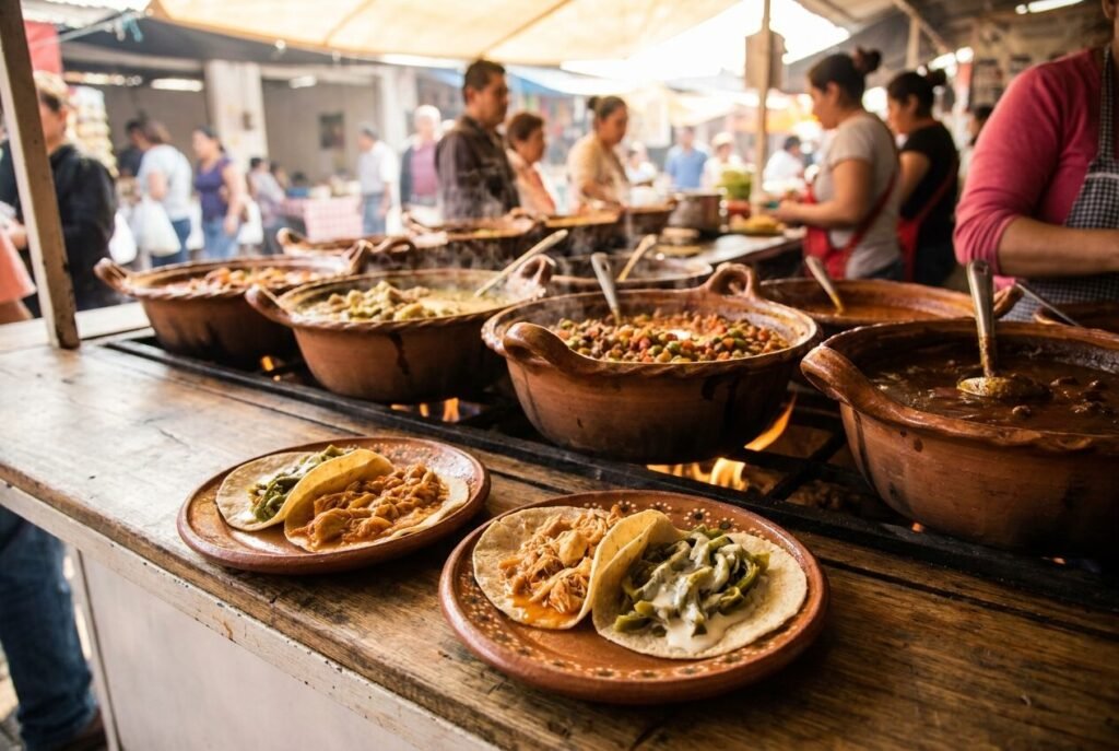 Tacos de guisado on clay plates in front of steaming cazuela pots of stews at a Mexican market stall