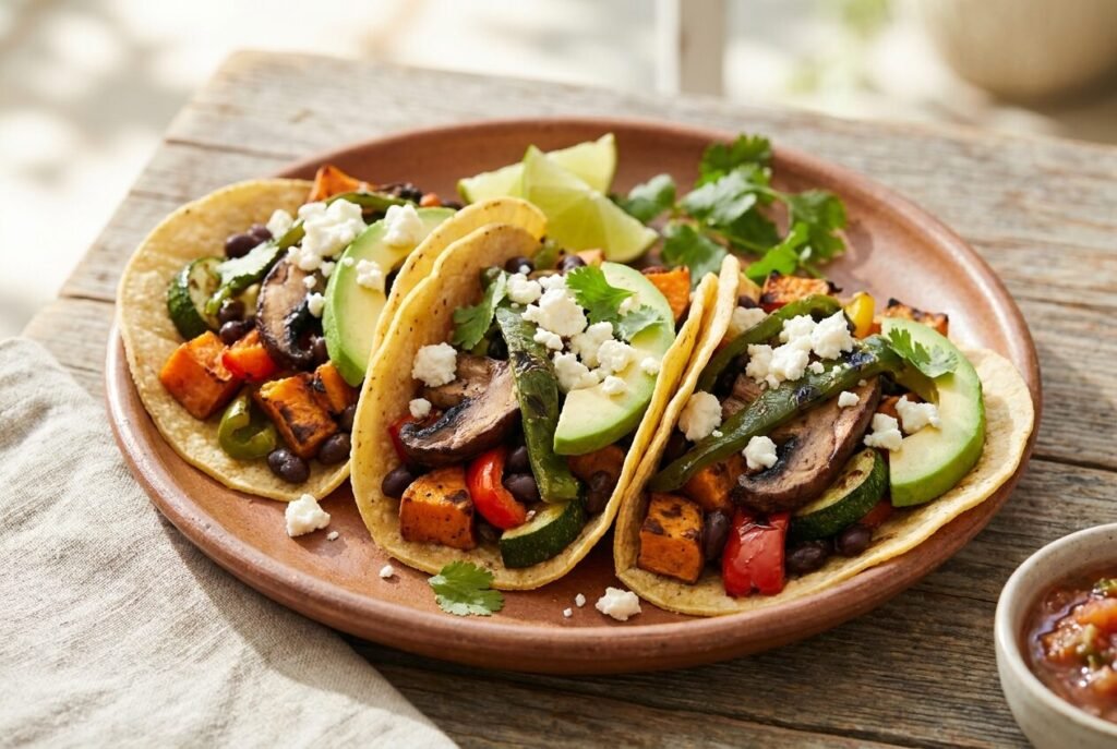Vegetarian tacos with roasted vegetables, avocado and queso fresco